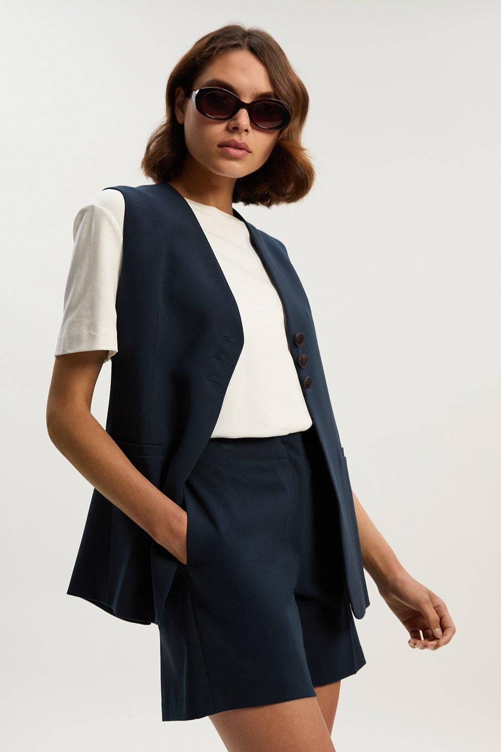 Viscose Stretch Cotton Waist Tab Detail Tailored Shorts