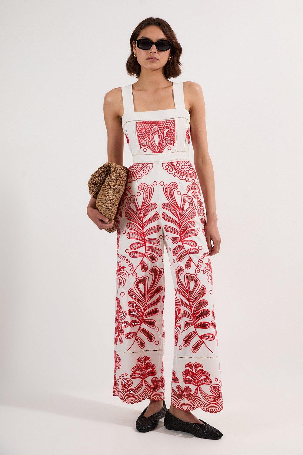 ★Karen Millen★パームボーダーコットンボイルマキシビーチ着物 Premium Linen Topstitch Belted Jumpsuit | Karen Millen