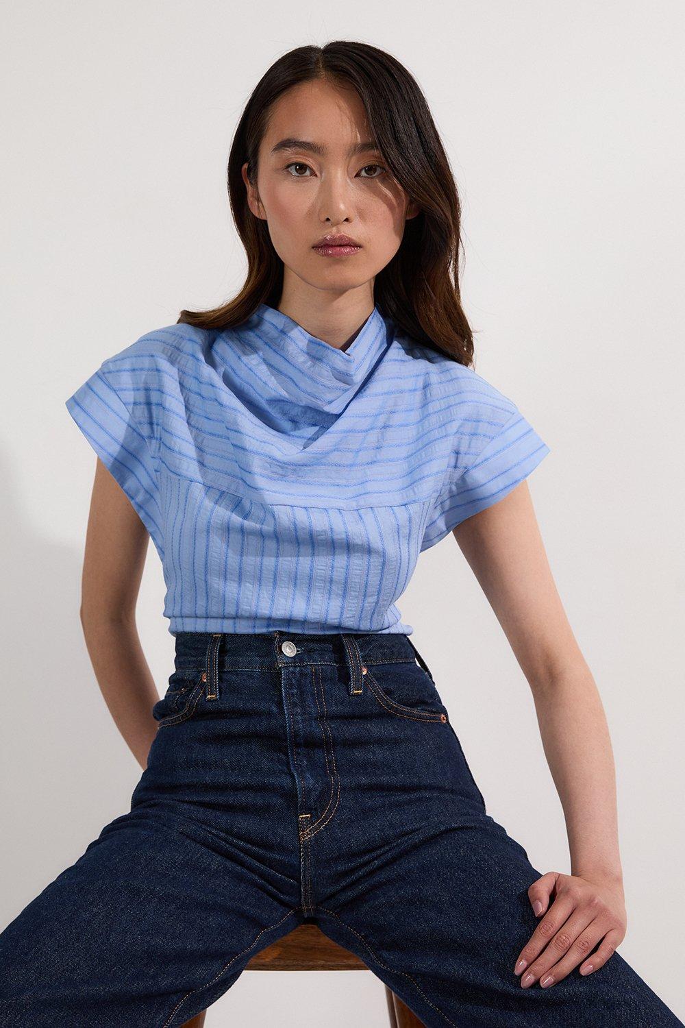 YILON MADE Petit ribbon knit 半袖　ブルー Cotton Eyelet Puff Sleeve Blouse | Karen Millen