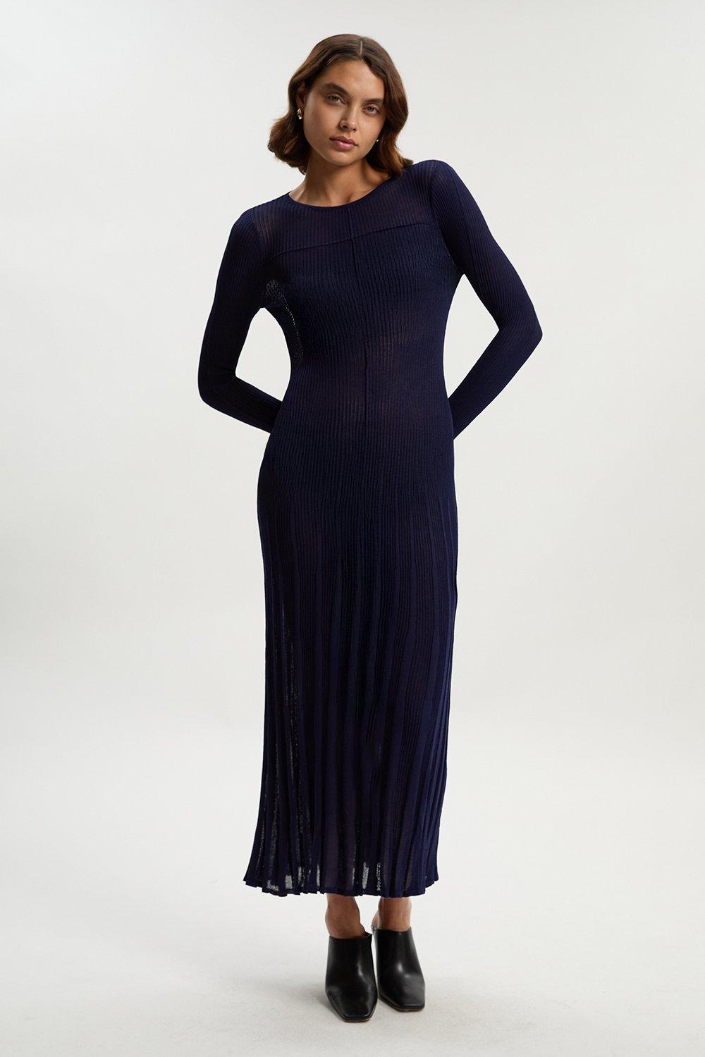 【Karen Millen】Wool Look Blouson Sleeve Midaxi Knit Dress Viscose Blend Rib Knit Power Shoulder Midaxi Dress | Karen