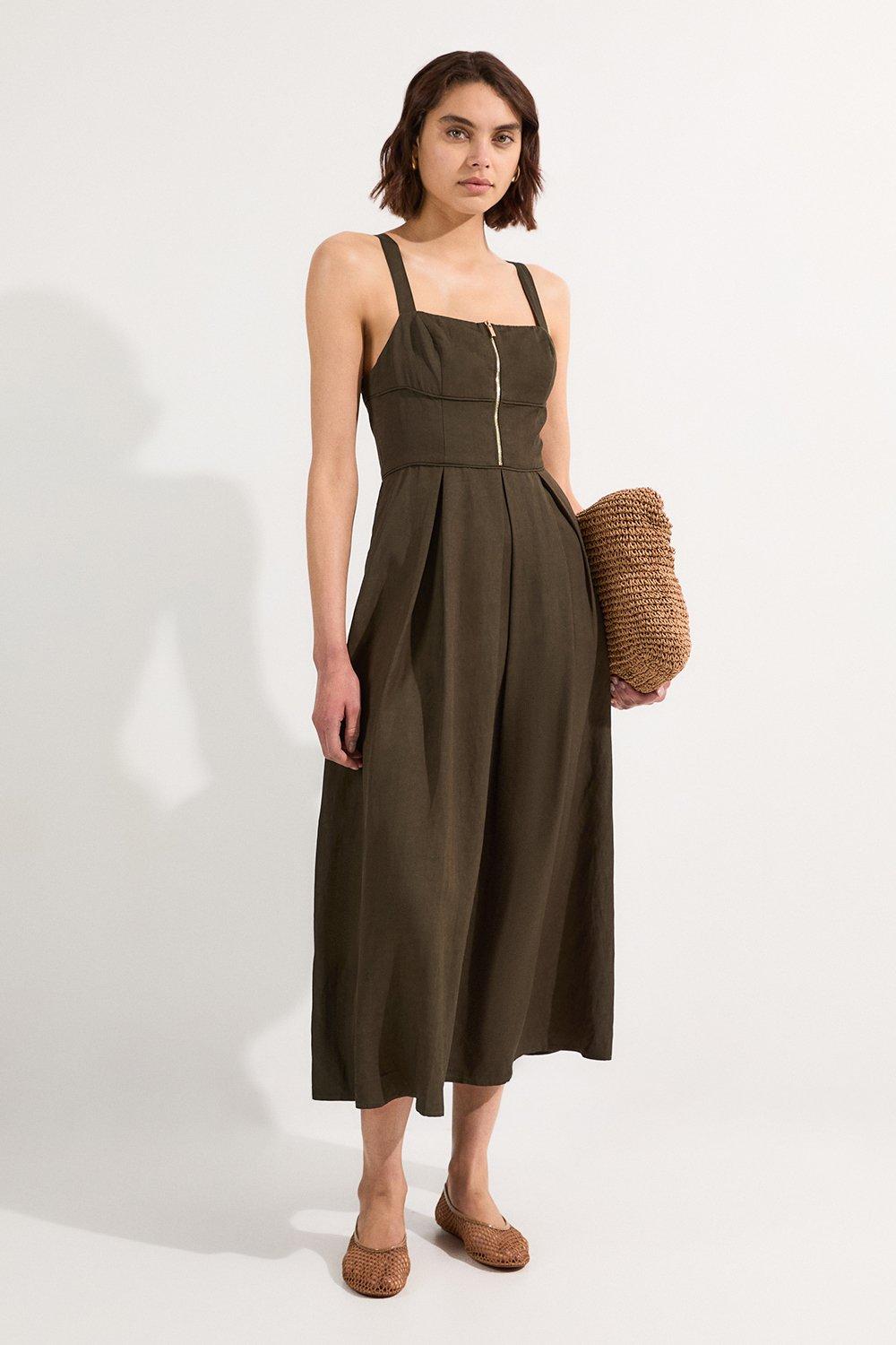 Petite Button Detail Strappy Woven Midi Dress | Karen Millen