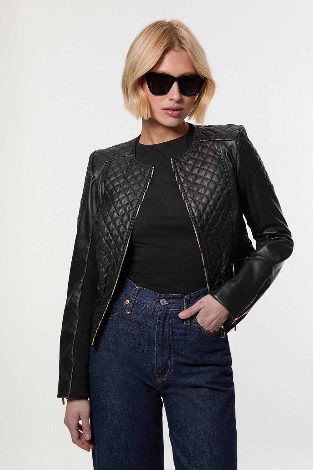Plus Size Leather Colorblock 90S Moto Jacket | Karen Millen