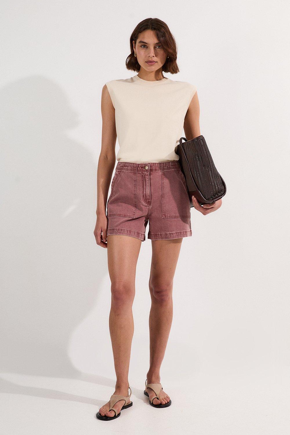 Viscose Stretch Cotton Waist Tab Detail Tailored Shorts