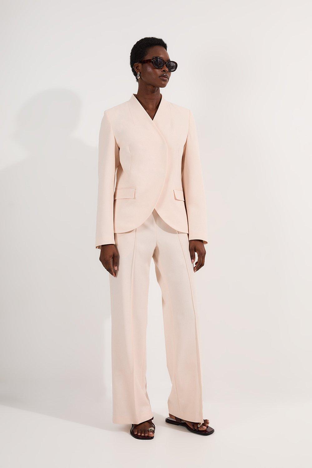 Structured Crepe Tailored Collarless Belted Blazer | Karen
