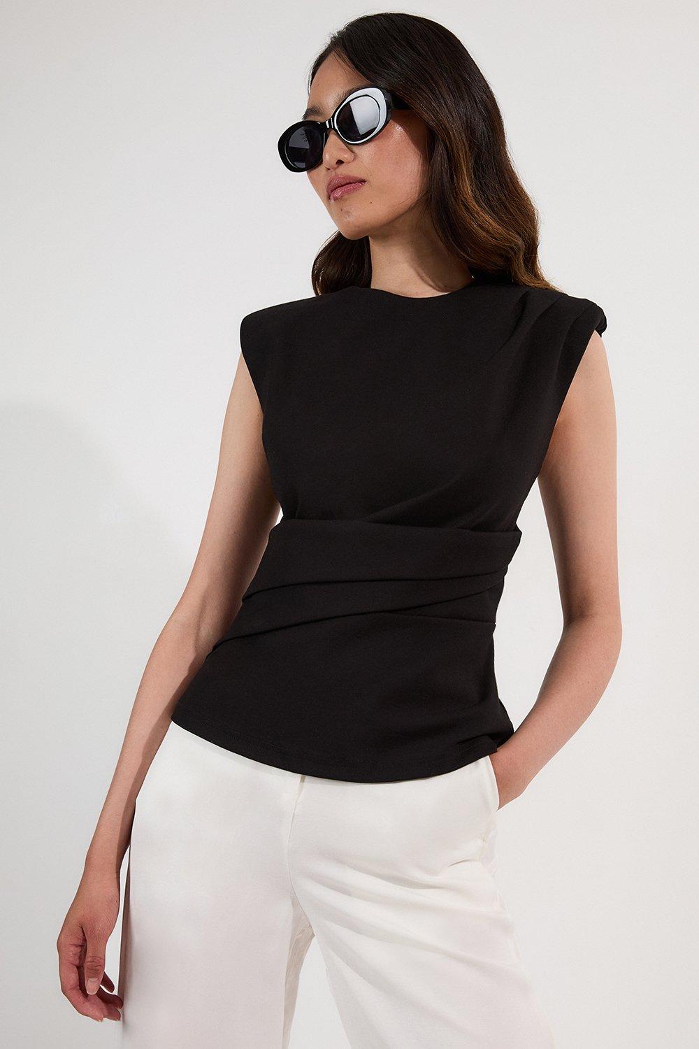 Figure Form Bandage Sharp Shoulder Collared Knit Top | Karen