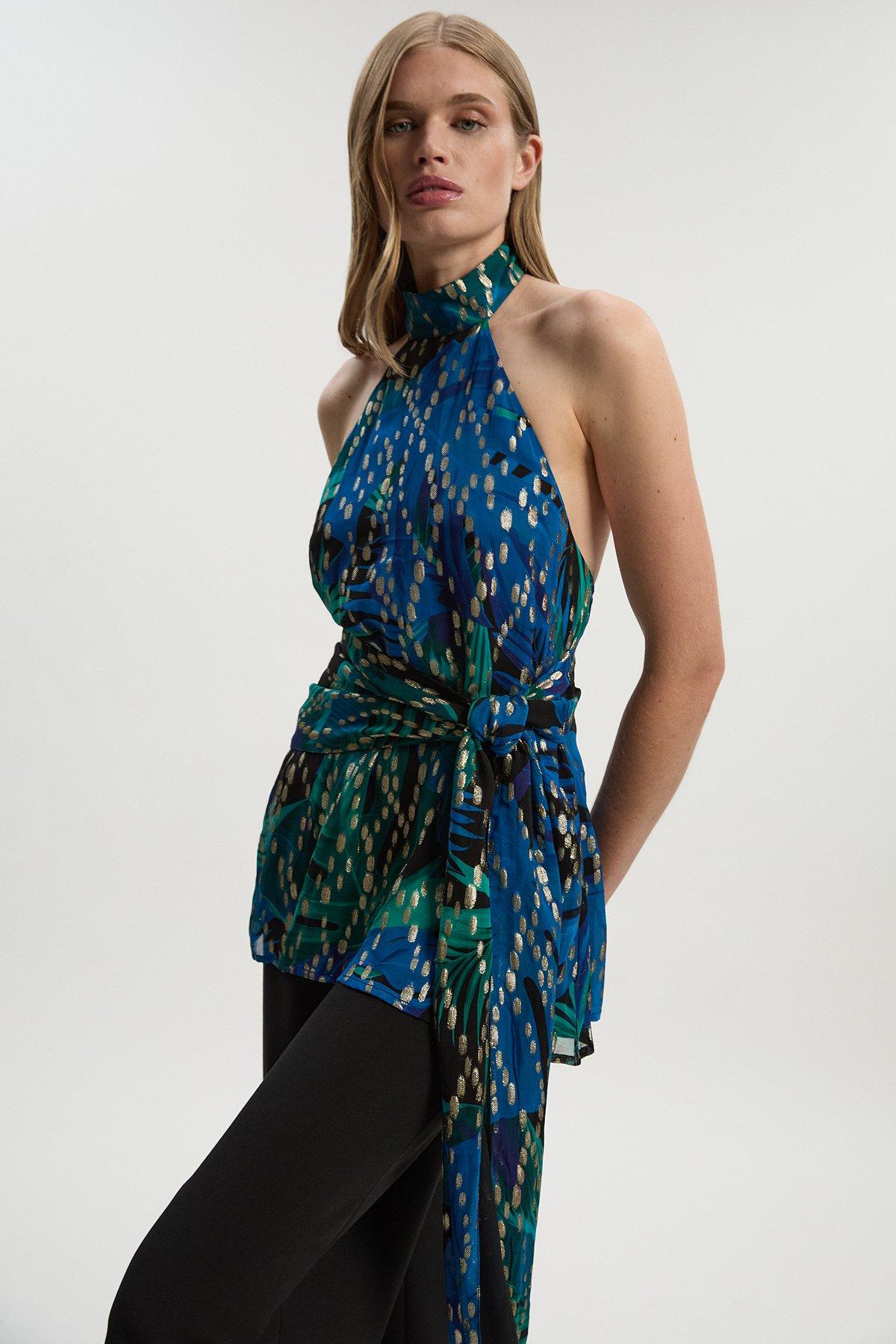 ◆KAREN MILLEN◆ クリスタルアップリケ ジャンプスーツ / blue Structured Crepe Waterfall Hem High Neck Dress | Karen Millen