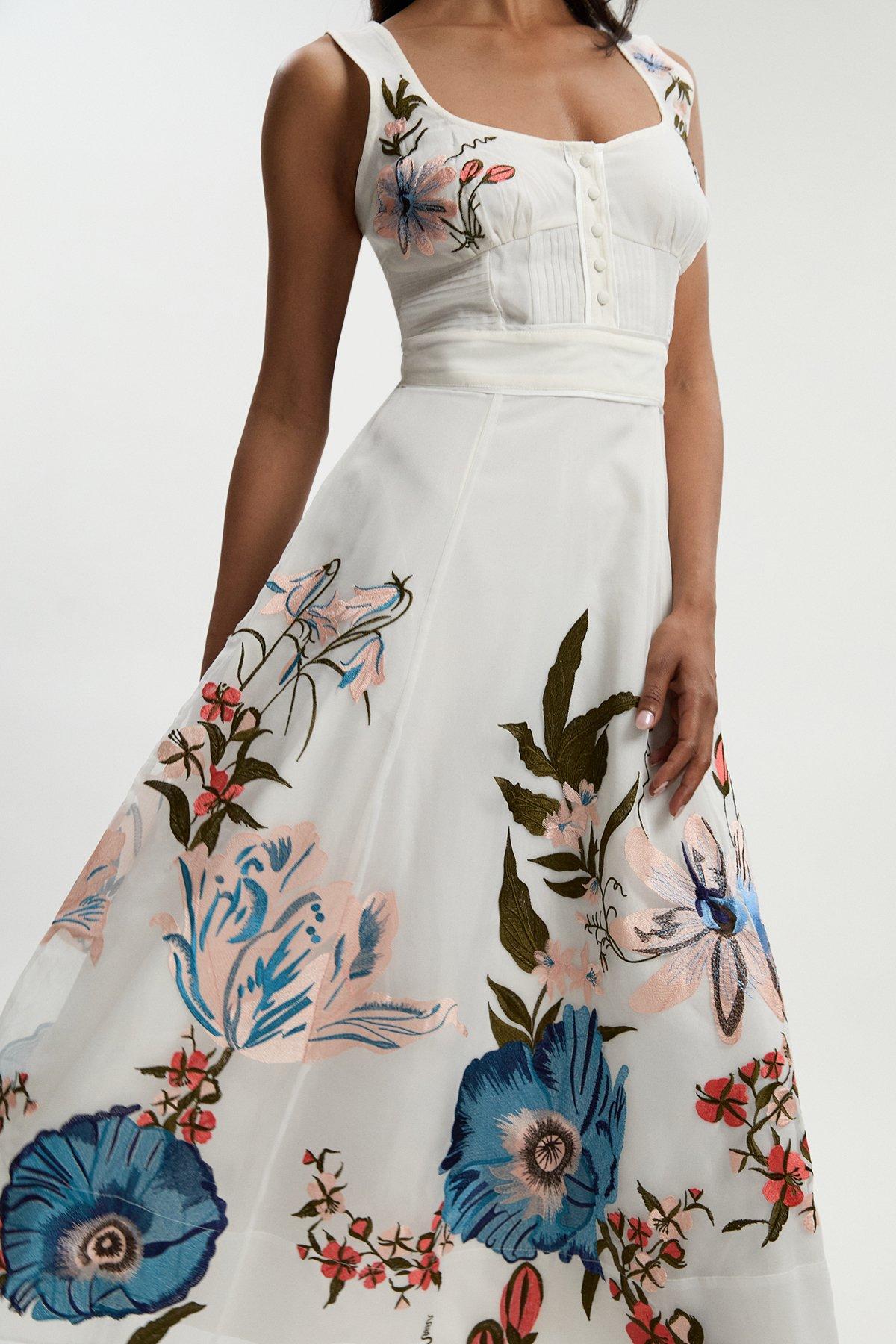 Lydia Millen Corseted Tulle Woven Midi Dress | Karen Millen