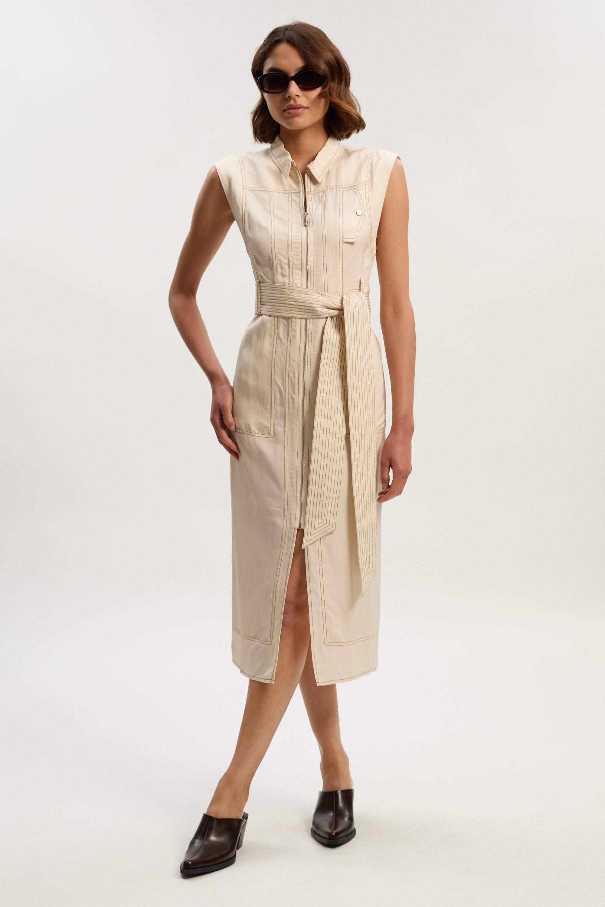 Premium Linen V Neck Wrap Detail Woven Midi Dress | Karen Millen