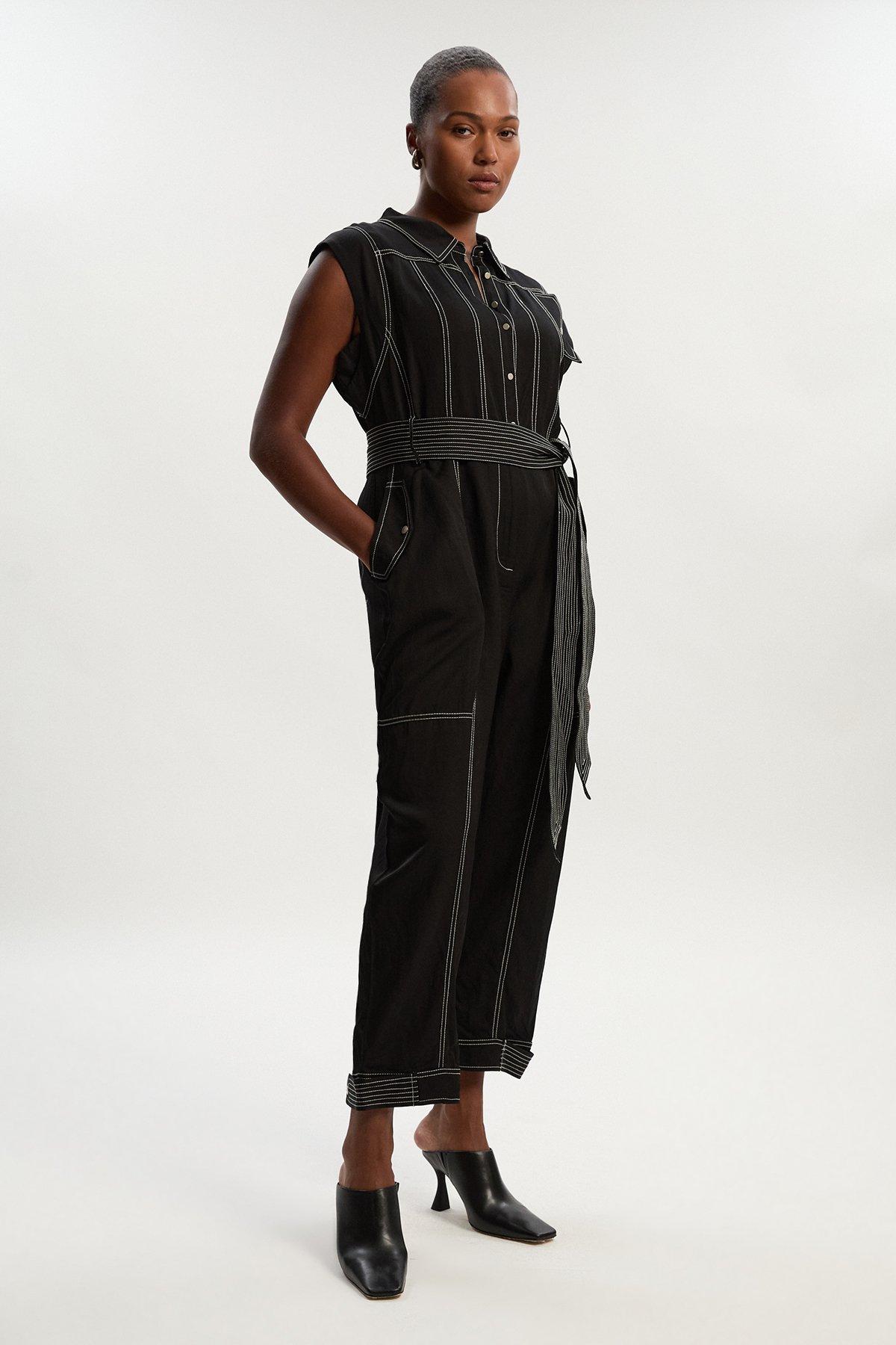 Denim Long Sleeve Jumpsuit | Karen Millen