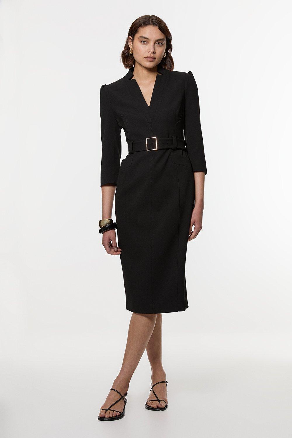 Tailored Compact Viscose Kimono Sleeve Plunge Neck Midi