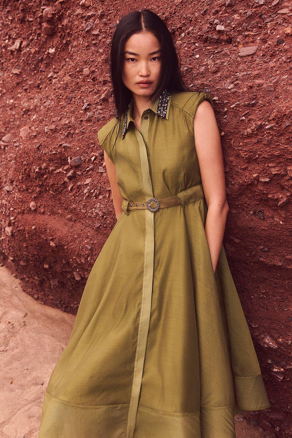 Cotton Sateen Sleeevless Utility Pocket Belted Midi Dress