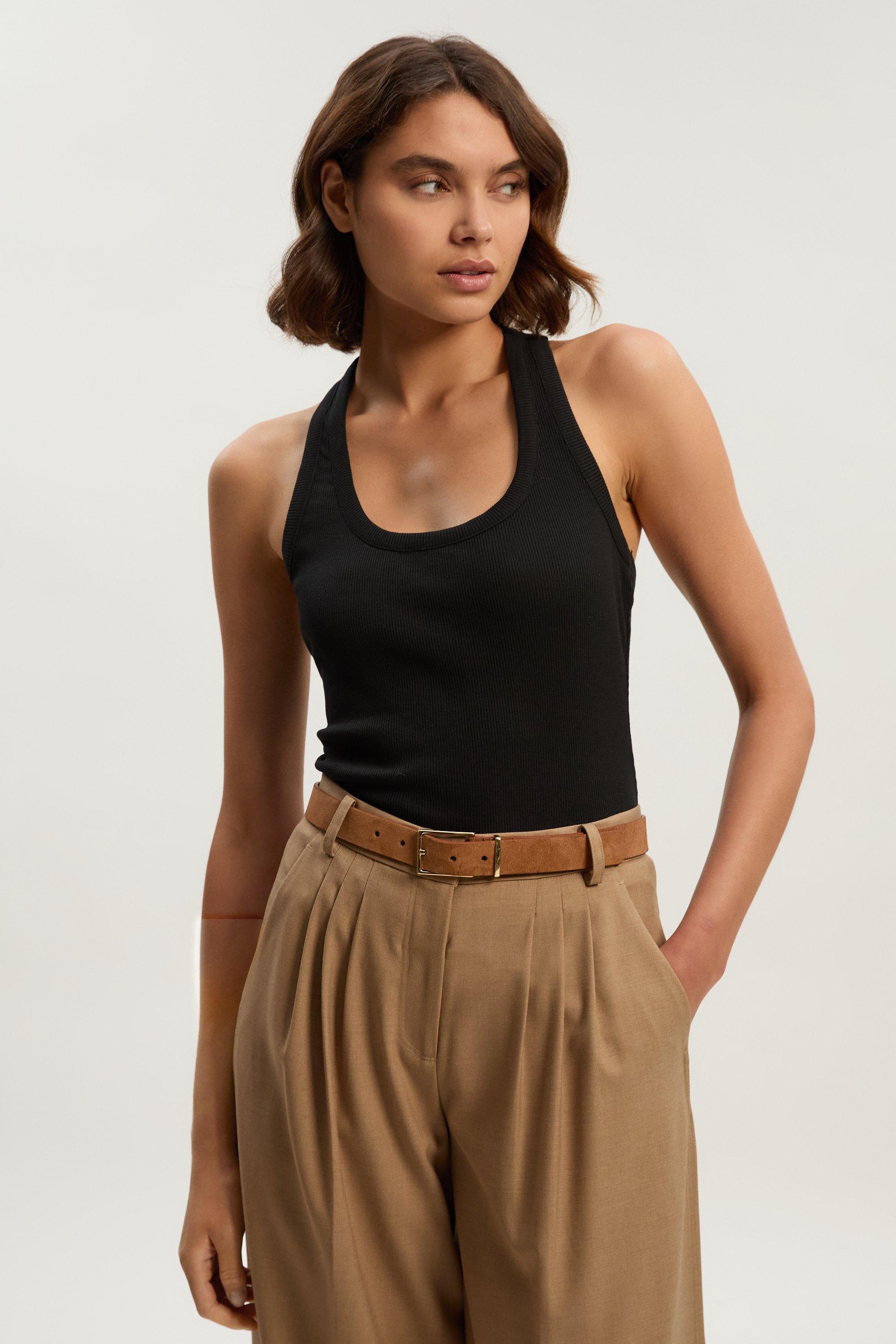 The Founder Linen Blend Satin Bow Detail Knit Tank Top