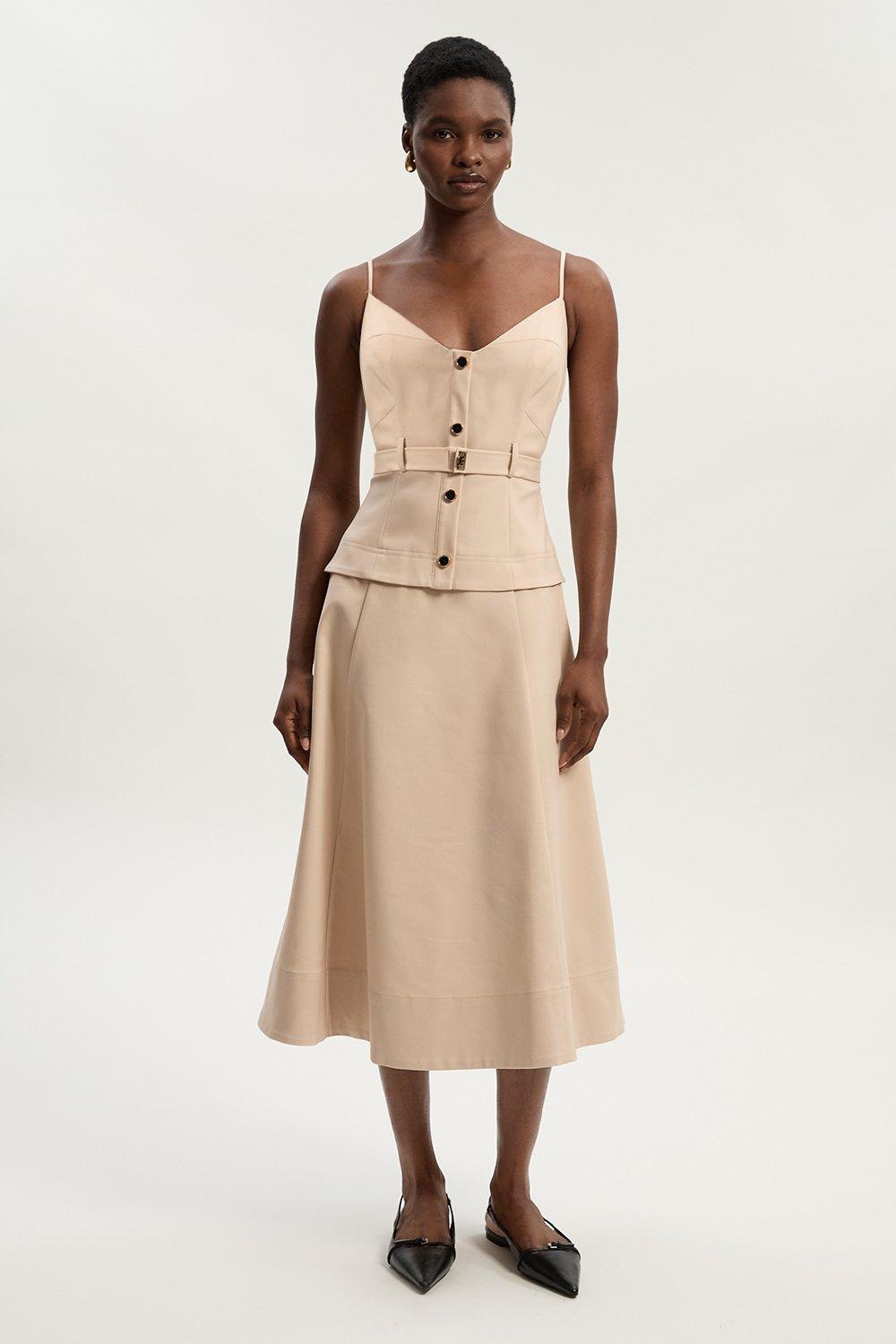 Button Detail Fabric Belt Woven Midi Dress | Karen Millen