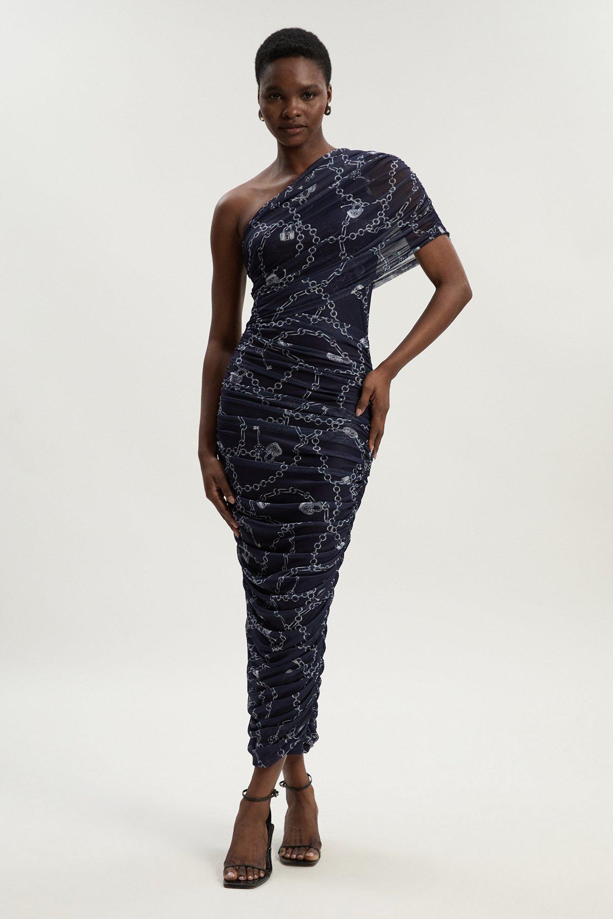 Foiled Figure Form Bandage Corset Detail Knit Midi Dress