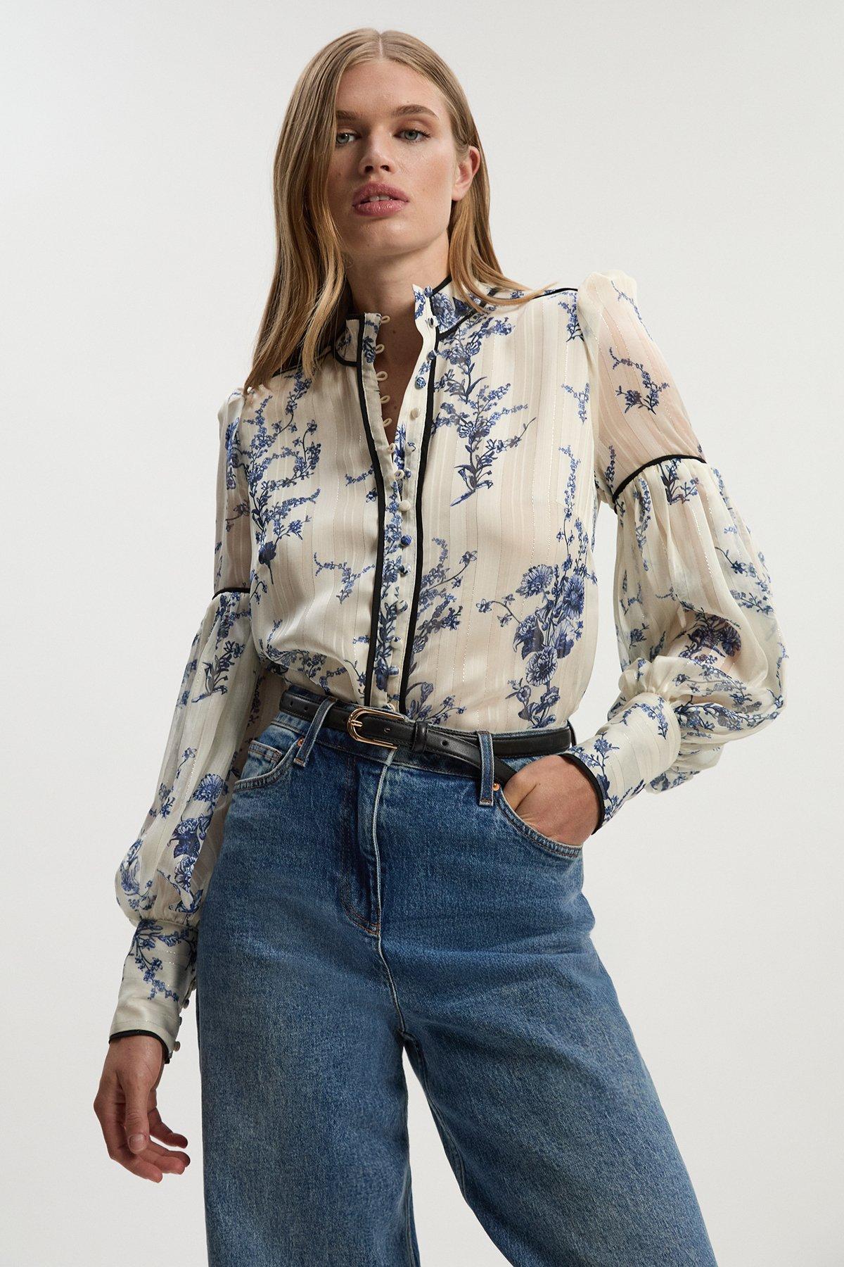 Sheer Lace Balloon Sleeve Bow Detail Blouse | Karen Millen