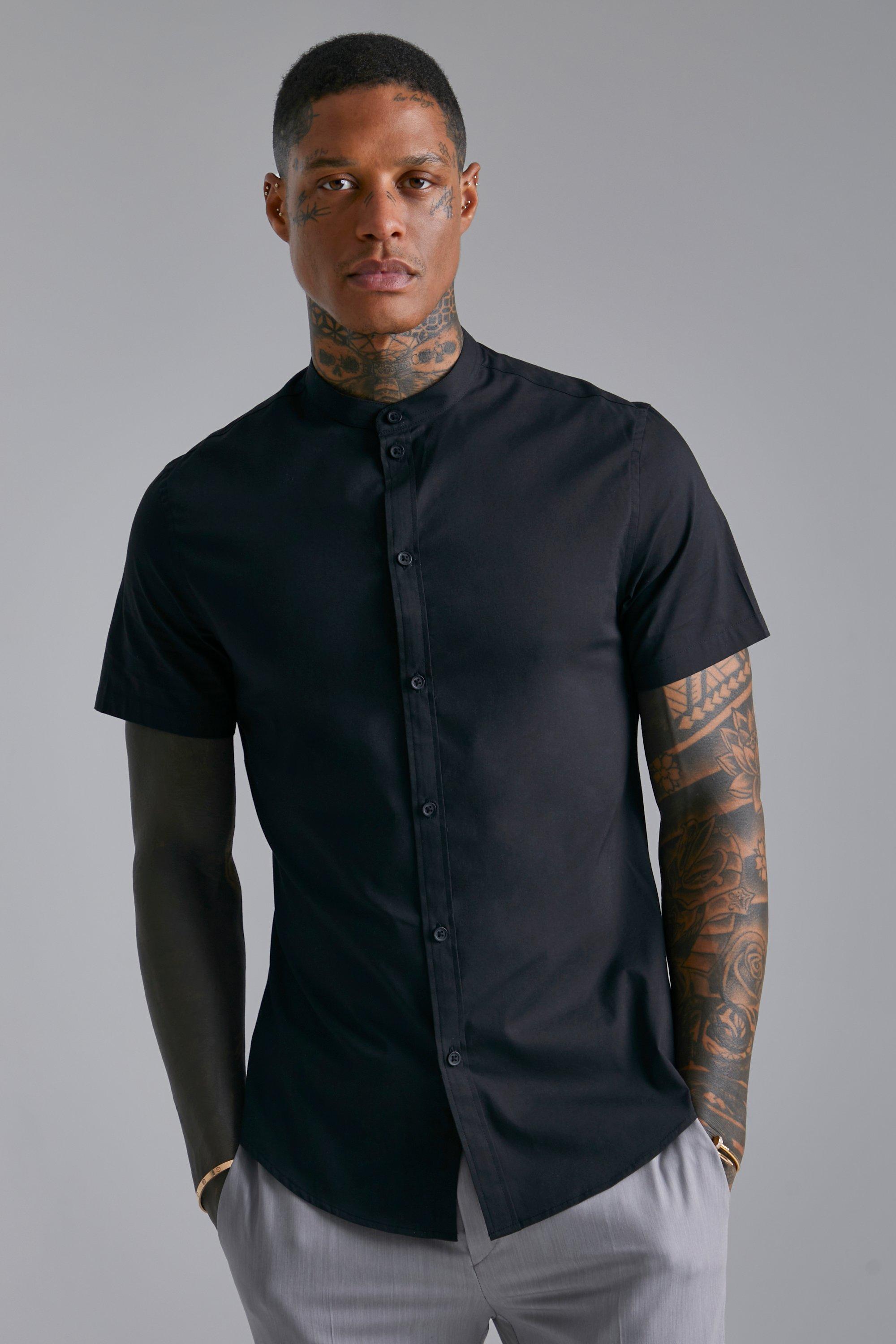 Mens black short sleeve 2024 button down dress shirt