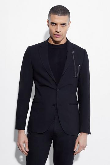 Black Single Breasted Skinny Chain Suit Jacket