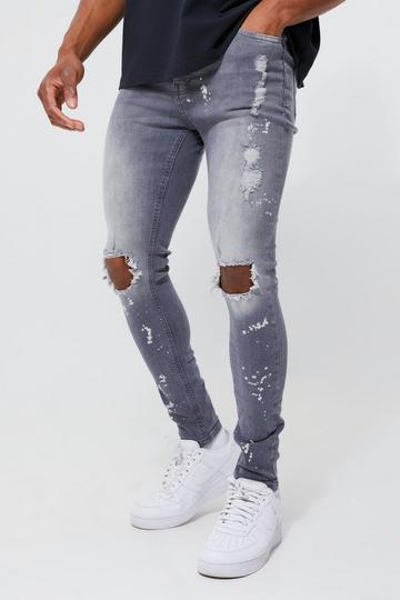 Grey Super Skinny Busted Knee Paint Splatter Jeans