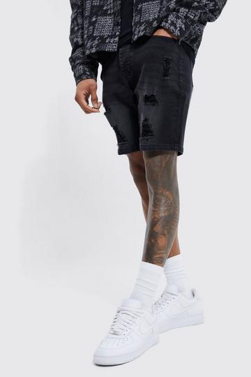 Skinny Stretch Multi Rip Denim Shorts washed black