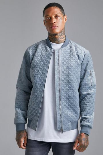 Houndtooth Quilted Velvet Bomber blue