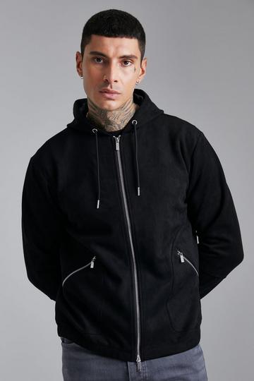 Black Hooded Suedette Bomber