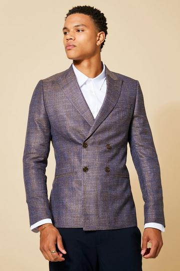 Blue Double Breasted Slim Check Suit Jacket