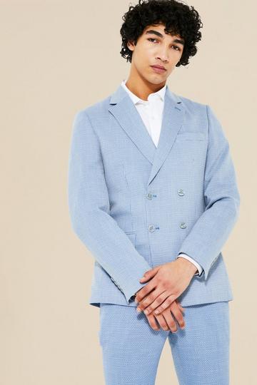 Blue Double Breasted Skinny Textured Suit Jacket