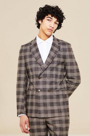 Double Breasted Slim Check Suit Jacket brown