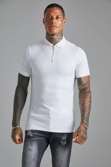 White Muscle Fit Short Sleeve Zip Polo