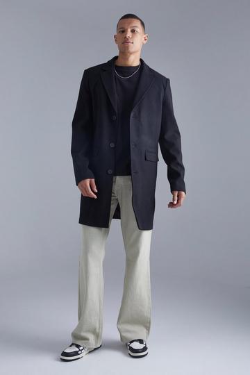 Black Tall Single Breasted Wool Look Overcoat in Black