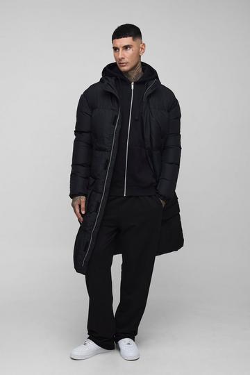 Black Tall 4 Pocket Longline Hooded Puffer Jacket in Black