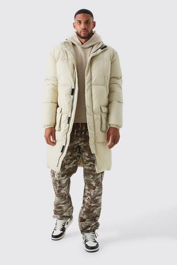 White Tall 4 Pocket Longline Hooded Puffer Jacket in Ecru