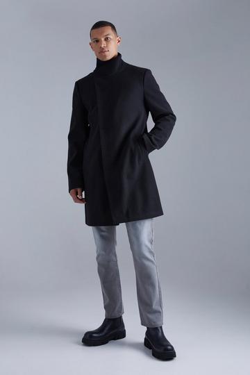 Black Tall Funnel Neck Wool Look Overcoat in Black