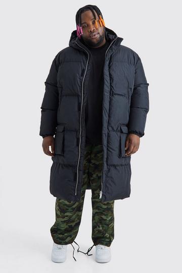 Black Plus 4 Pocket Longline Hooded Puffer