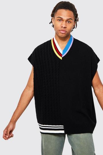 Oversized Spliced Varsity Knitted Vest black