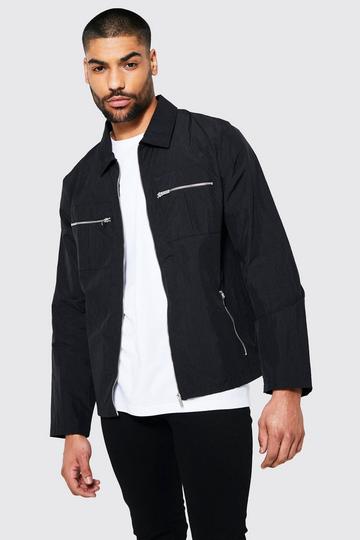 Black Utility Zip Pocket Harrington