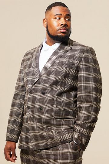 Brown Plus Double Breasted Slim Check Suit Jacket