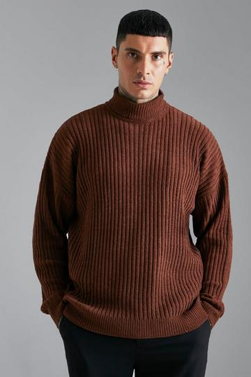 Oversized Roll Neck Chenille Ribbed Jumper chocolate