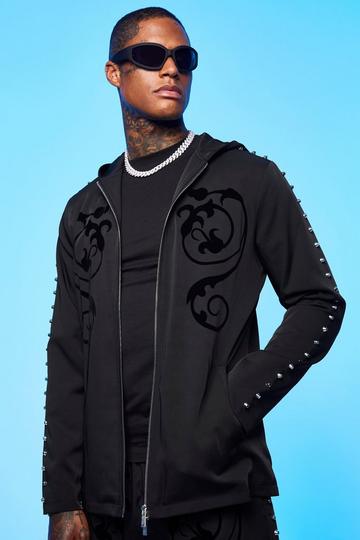 Black Stud Detail Pv Hooded Zip Through Jacket