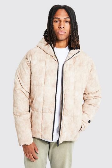 Stone Beige Boxy Tie Dye Square Panel Hooded Puffer