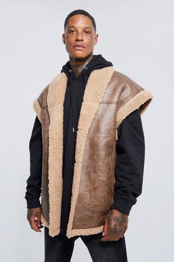 Brown Oversized Leather Look Borg Trim Gilet