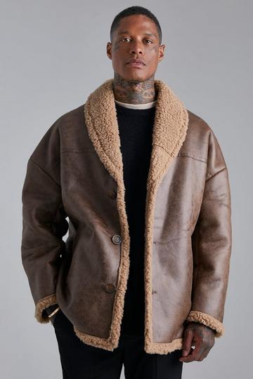 Oversized Leather Look Borg Trim Jacket chocolate