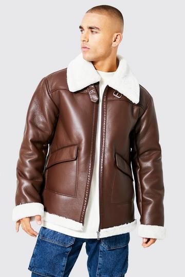 Brown Oversized Leather Look Aviator With Wide Borg Collar