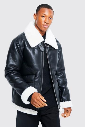 Oversized Leather Look Aviator With Wide Borg Collar black