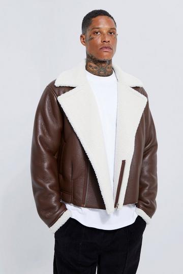 Leather Look Boxy Borg Trim Aviator chocolate