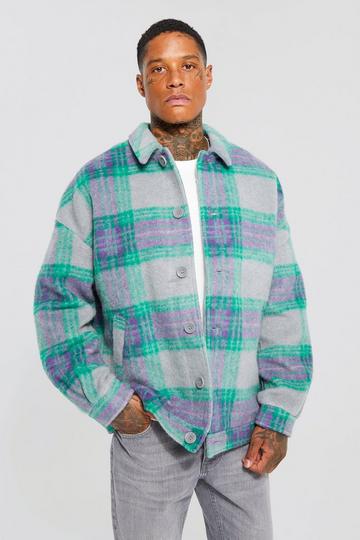 Oversized Wool Look Large Check Harrington grey