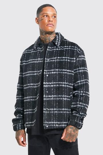 Oversized Wool Look Check Drawcord Coach Jacket black