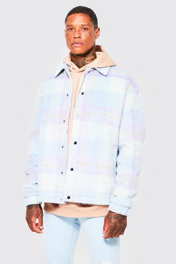 Oversized Wool Look Check Drawcord Coach Jacket lilac