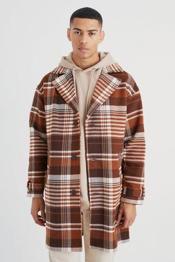 Wool Look Check Single Breasted Overcoat rust