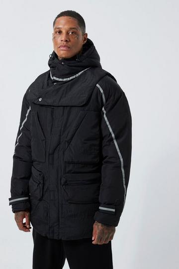 Black Utility Parka With Detachable Hood